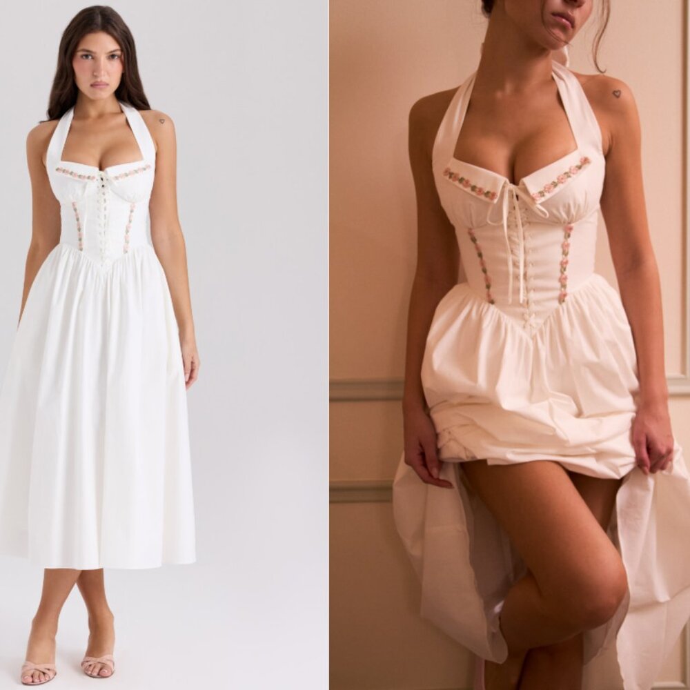 House of CB 'Emilia' White Cotton Halter Neck Midi Dress NWOT